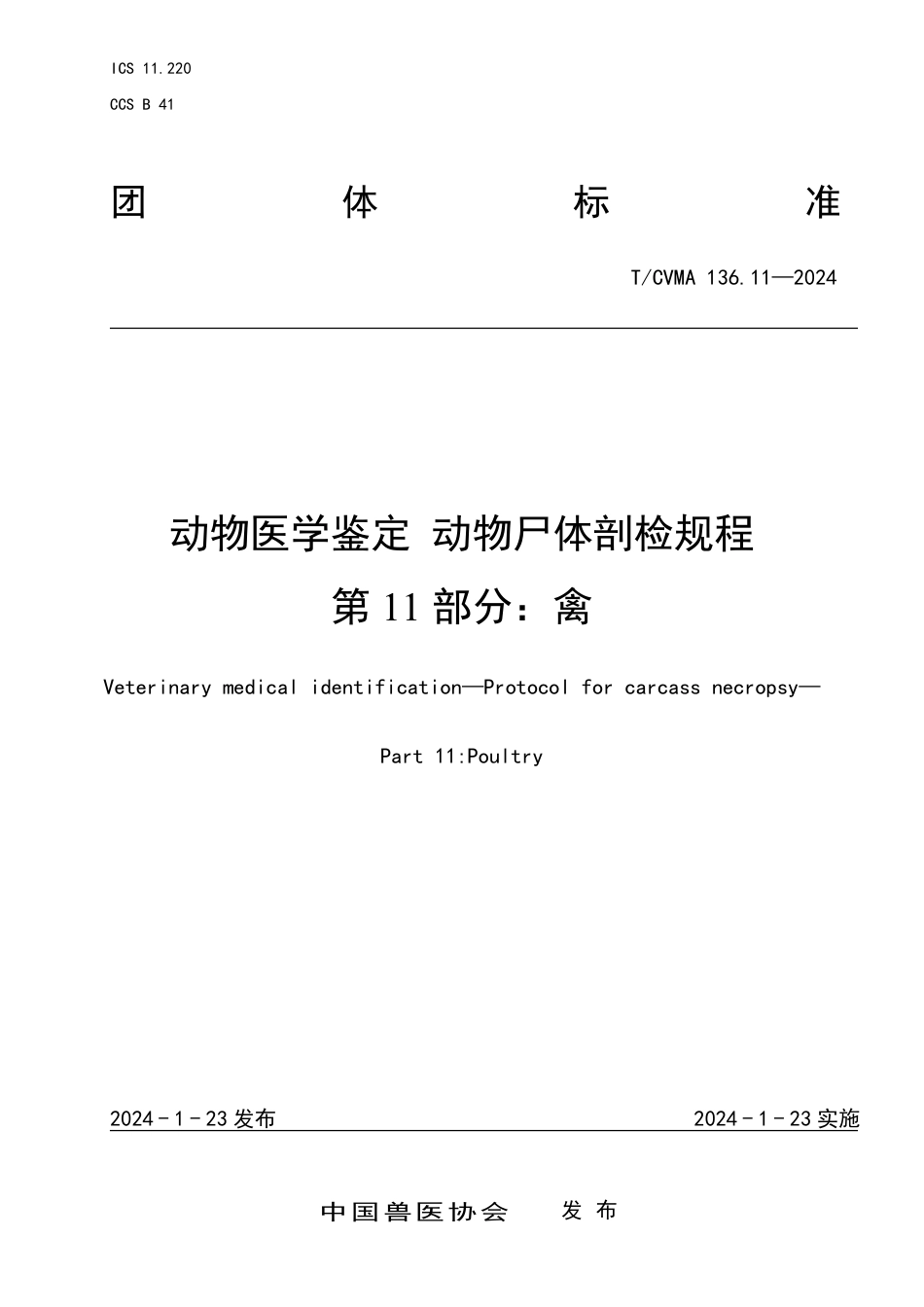 T∕CVMA 136.11-2024 动物医学鉴定动物尸体剖检规程 第11部分：禽_第1页