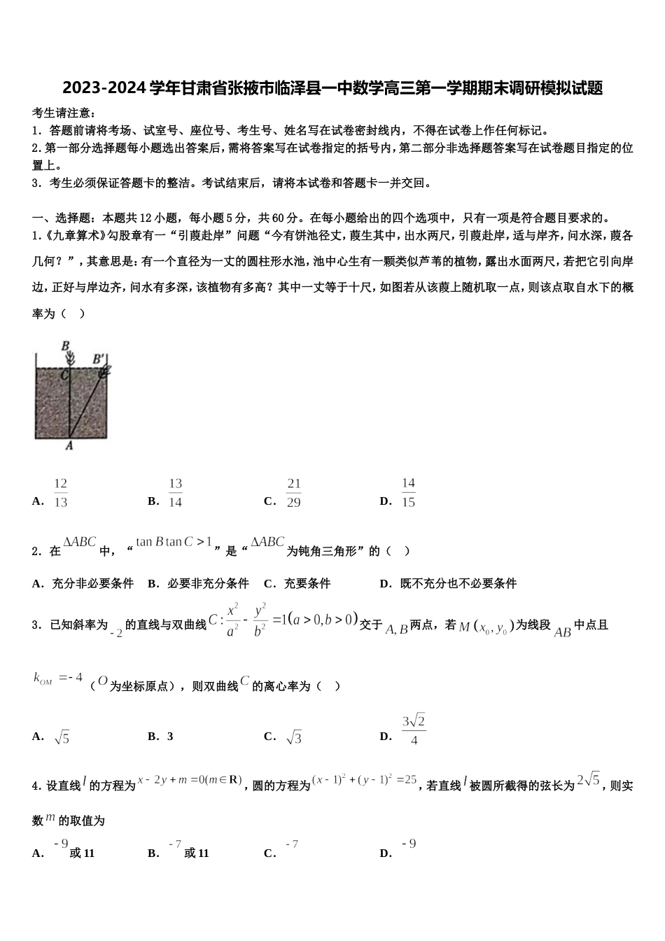 2023-2024学年甘肃省张掖市临泽县一中数学高三第一学期期末调研模拟试题含解析_第1页