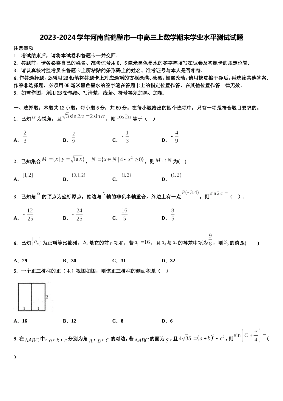 2023-2024学年河南省鹤壁市一中高三上数学期末学业水平测试试题含解析_第1页