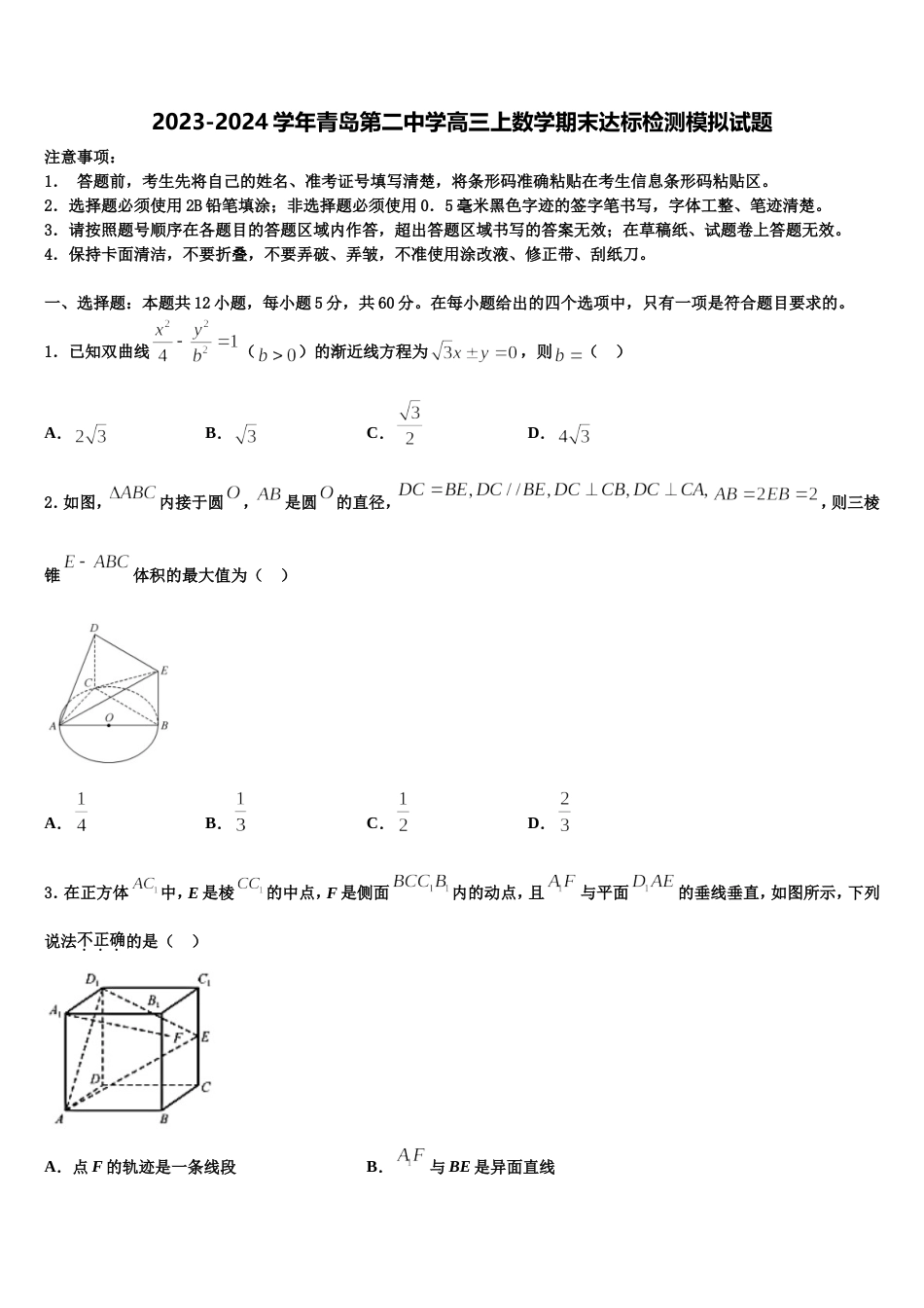 2023-2024学年青岛第二中学高三上数学期末达标检测模拟试题含解析_第1页