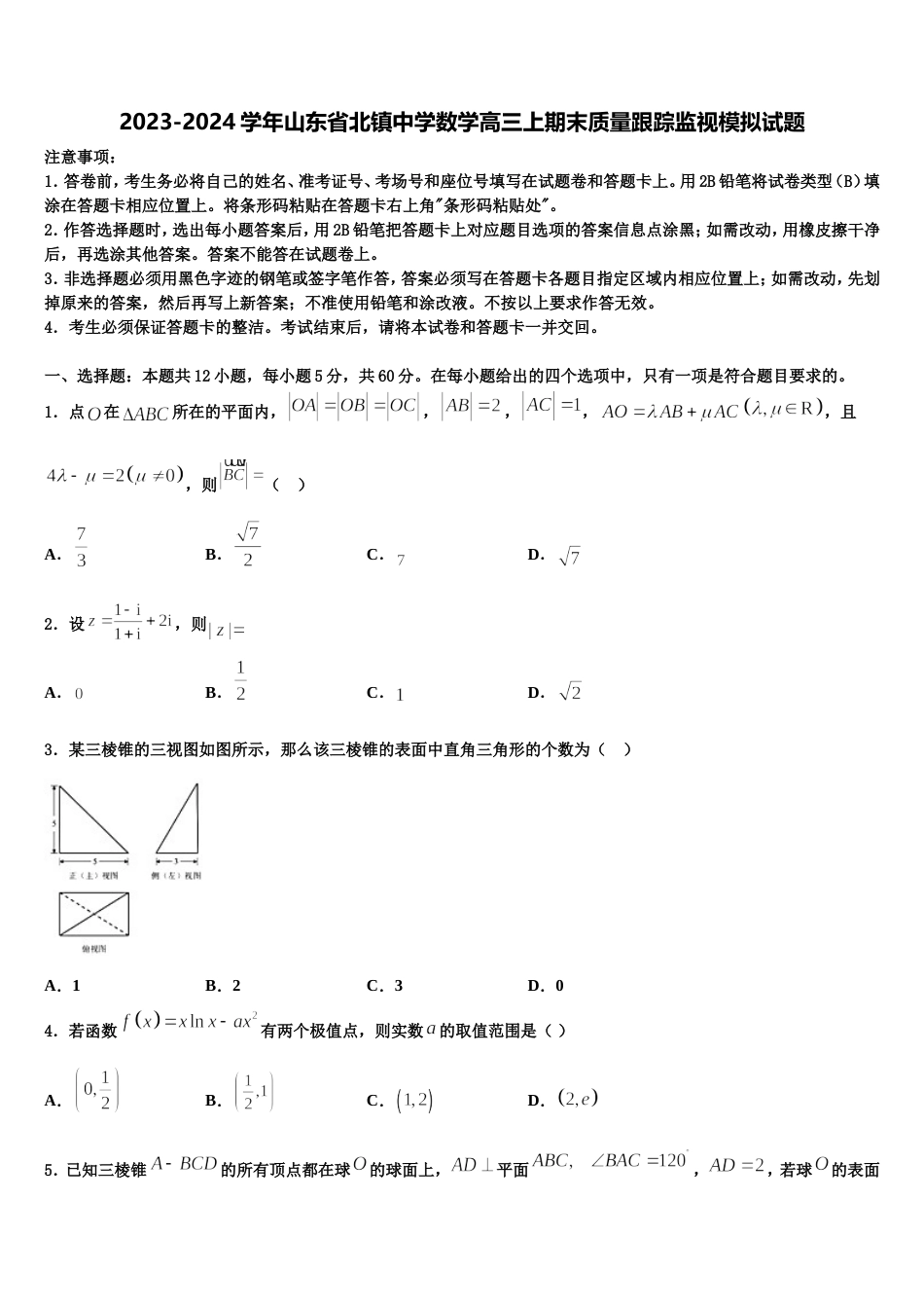 2023-2024学年山东省北镇中学数学高三上期末质量跟踪监视模拟试题含解析_第1页