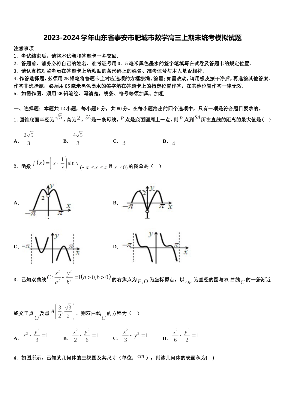 2023-2024学年山东省泰安市肥城市数学高三上期末统考模拟试题含解析_第1页