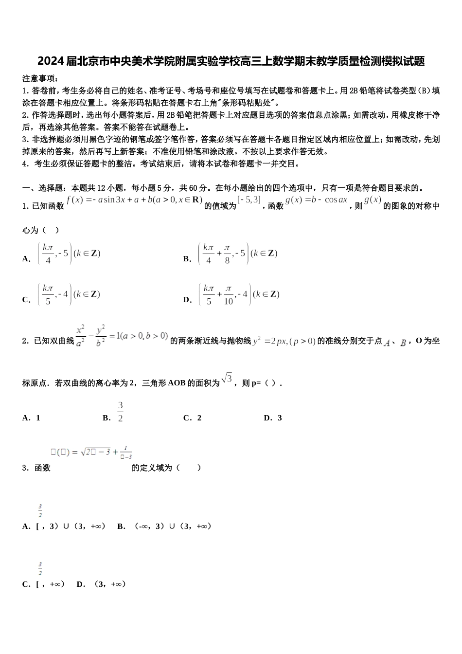 2024届北京市中央美术学院附属实验学校高三上数学期末教学质量检测模拟试题含解析_第1页