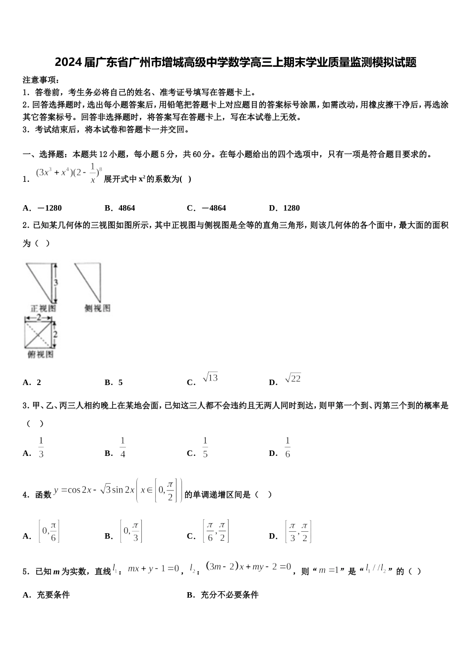 2024届广东省广州市增城高级中学数学高三上期末学业质量监测模拟试题含解析_第1页