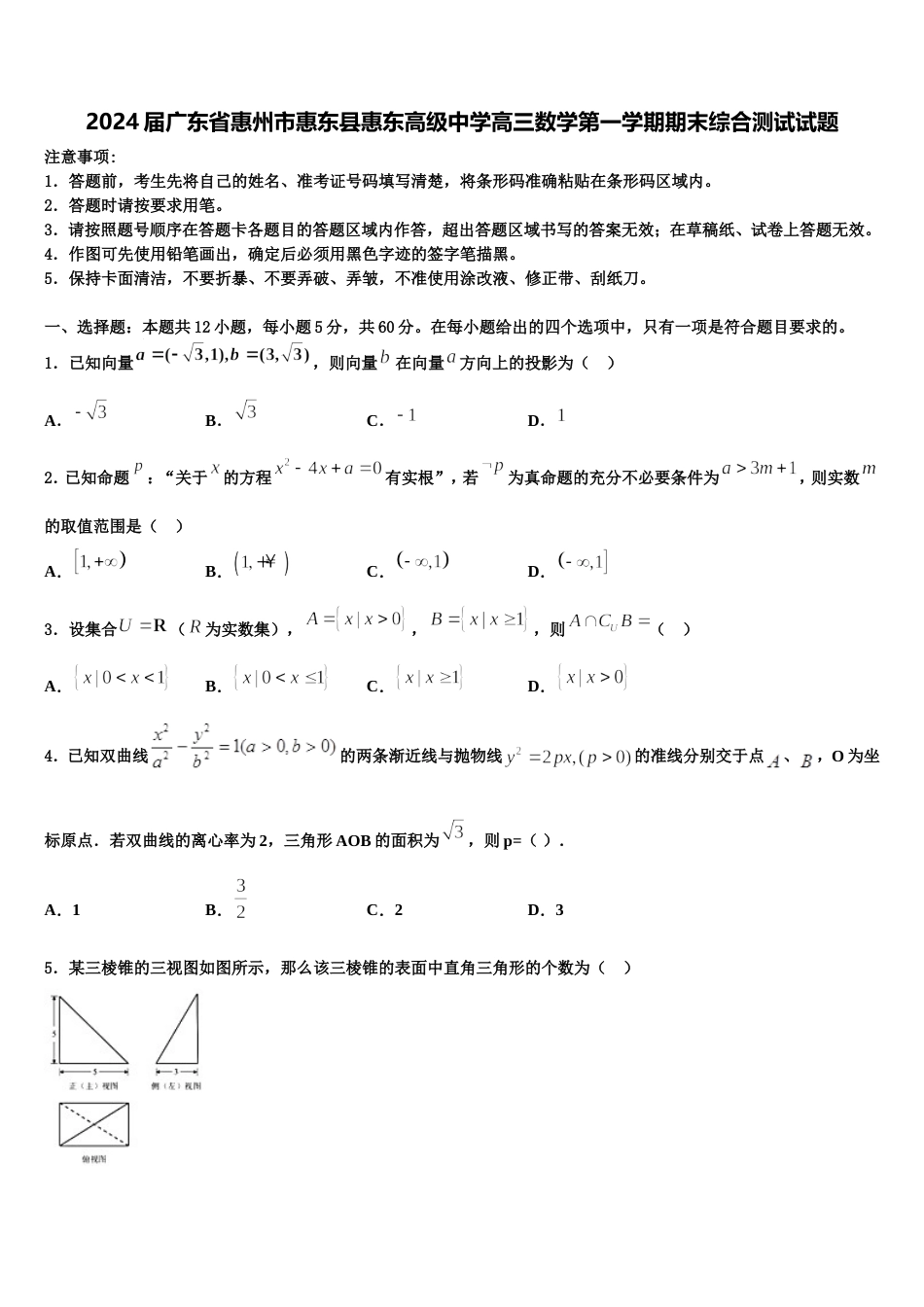 2024届广东省惠州市惠东县惠东高级中学高三数学第一学期期末综合测试试题含解析_第1页