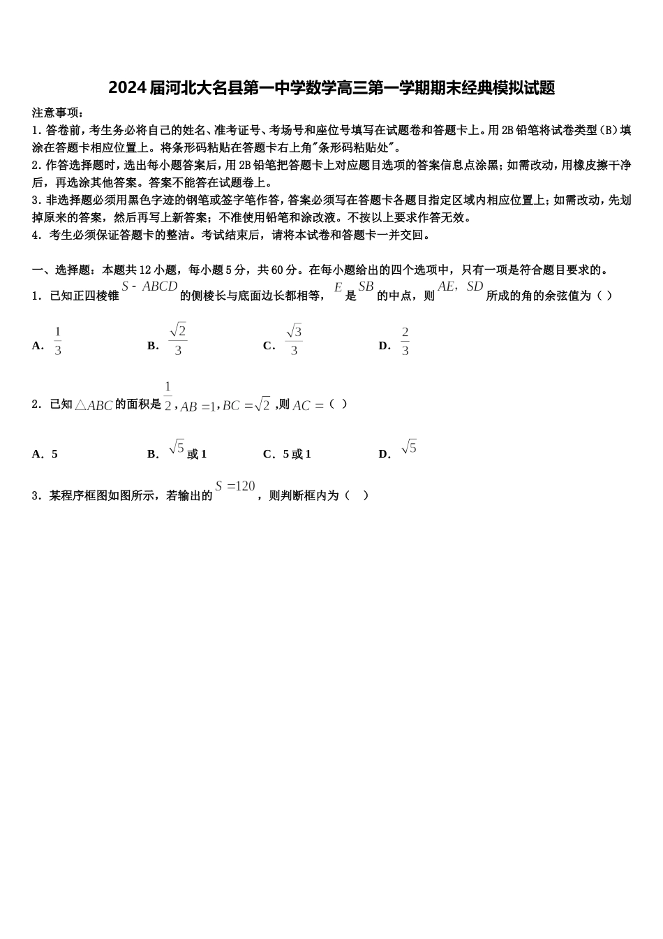 2024届河北大名县第一中学数学高三第一学期期末经典模拟试题含解析_第1页