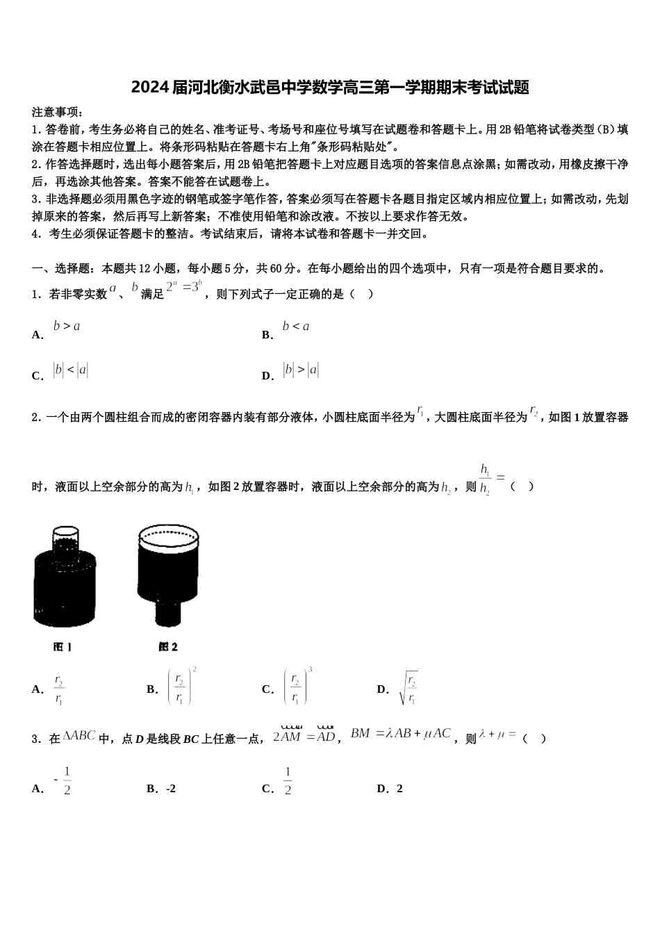 2024届河北衡水武邑中学数学高三第一学期期末考试试题含解析_第1页