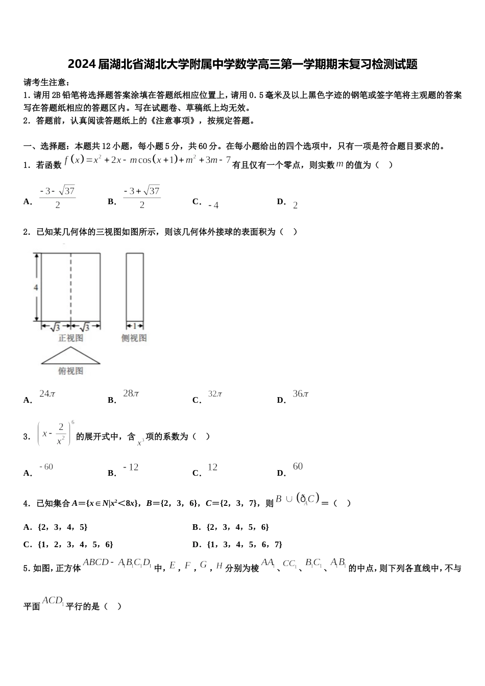 2024届湖北省湖北大学附属中学数学高三第一学期期末复习检测试题含解析_第1页