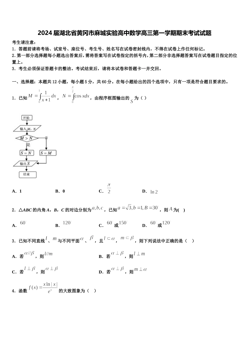 2024届湖北省黄冈市麻城实验高中数学高三第一学期期末考试试题含解析_第1页