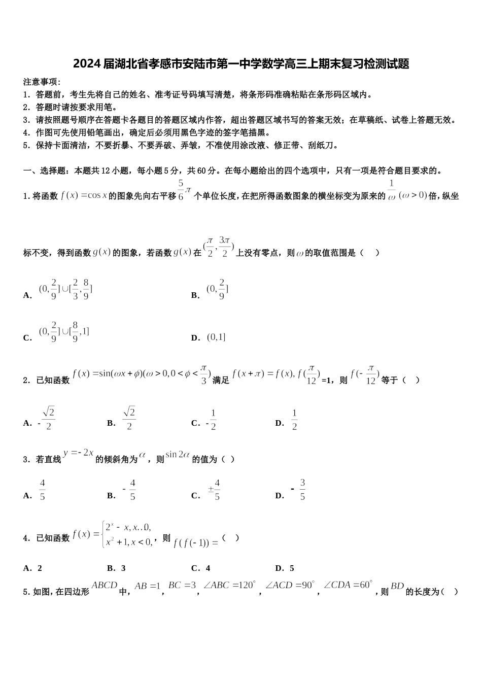 2024届湖北省孝感市安陆市第一中学数学高三上期末复习检测试题含解析_第1页