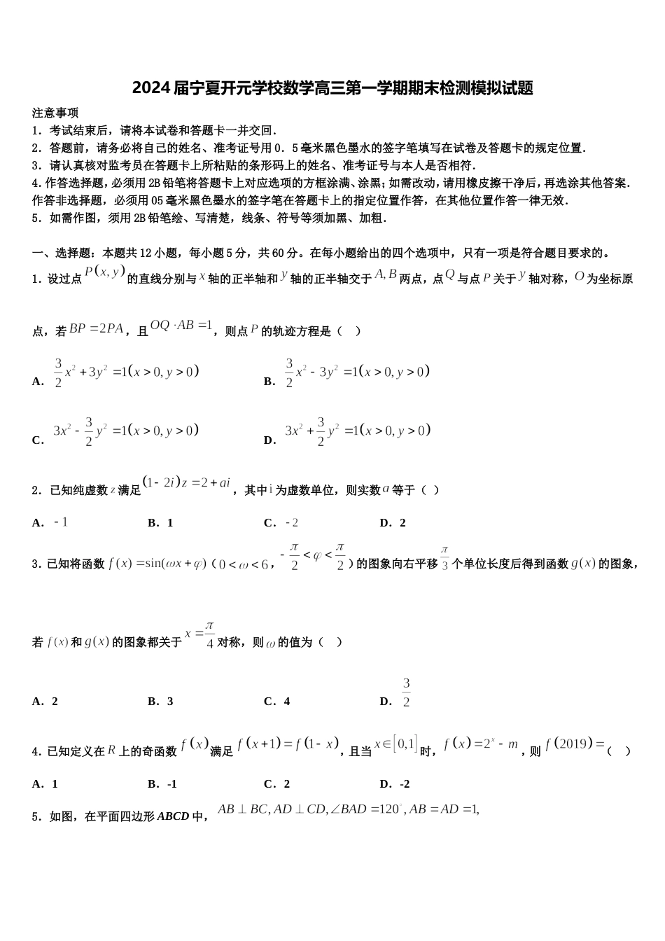 2024届宁夏开元学校数学高三第一学期期末检测模拟试题含解析_第1页