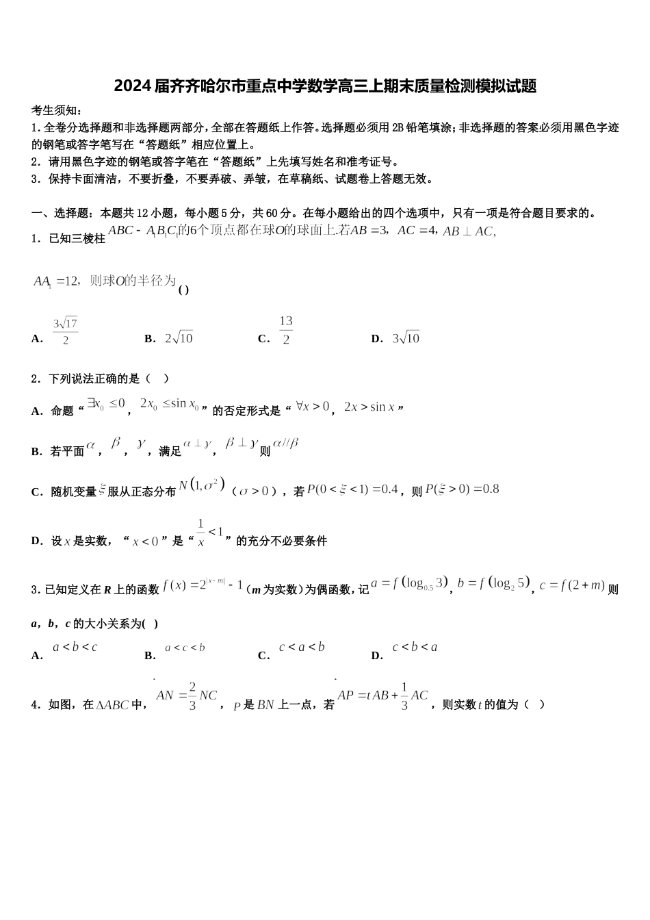 2024届齐齐哈尔市重点中学数学高三上期末质量检测模拟试题含解析_第1页