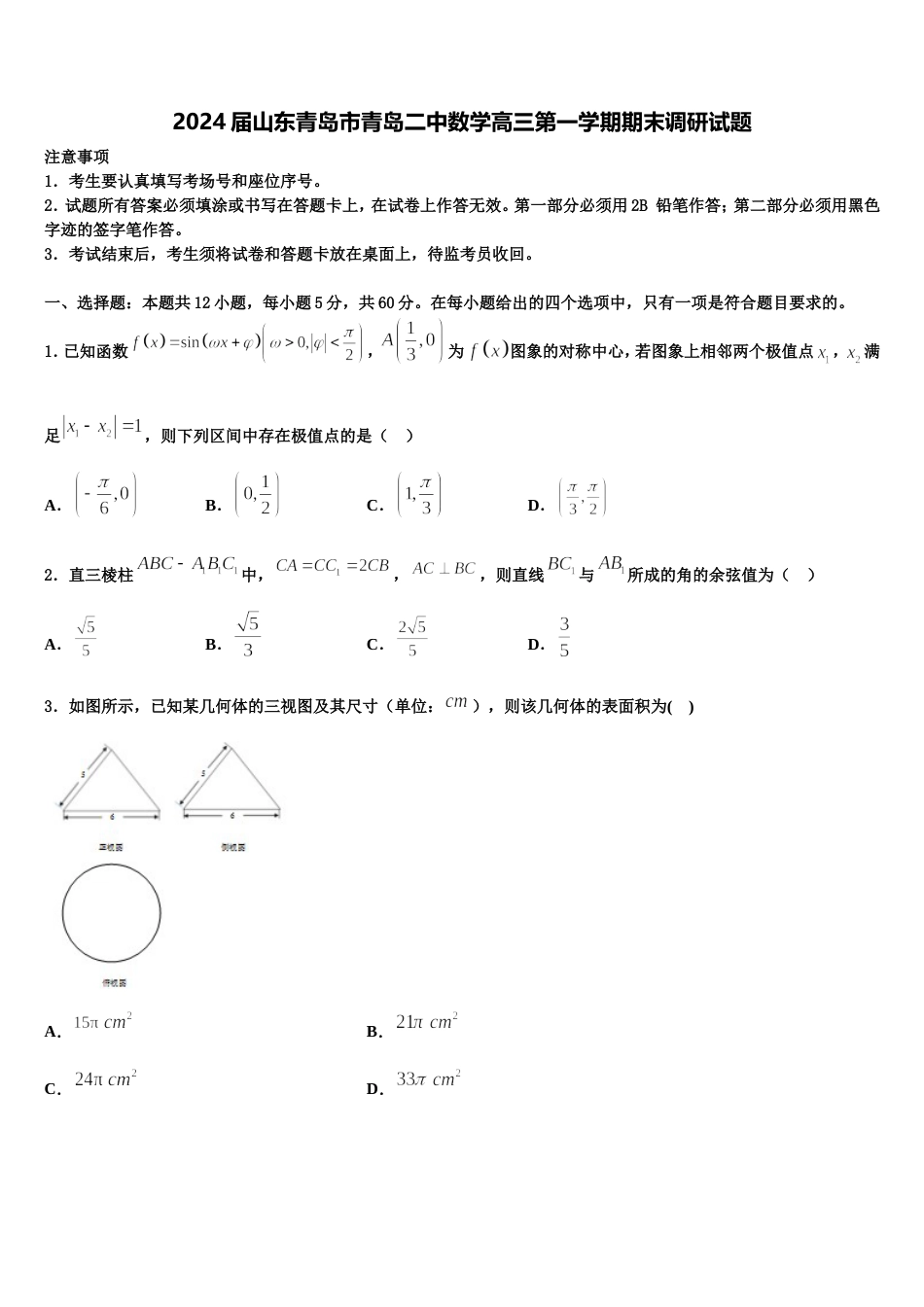 2024届山东青岛市青岛二中数学高三第一学期期末调研试题含解析_第1页