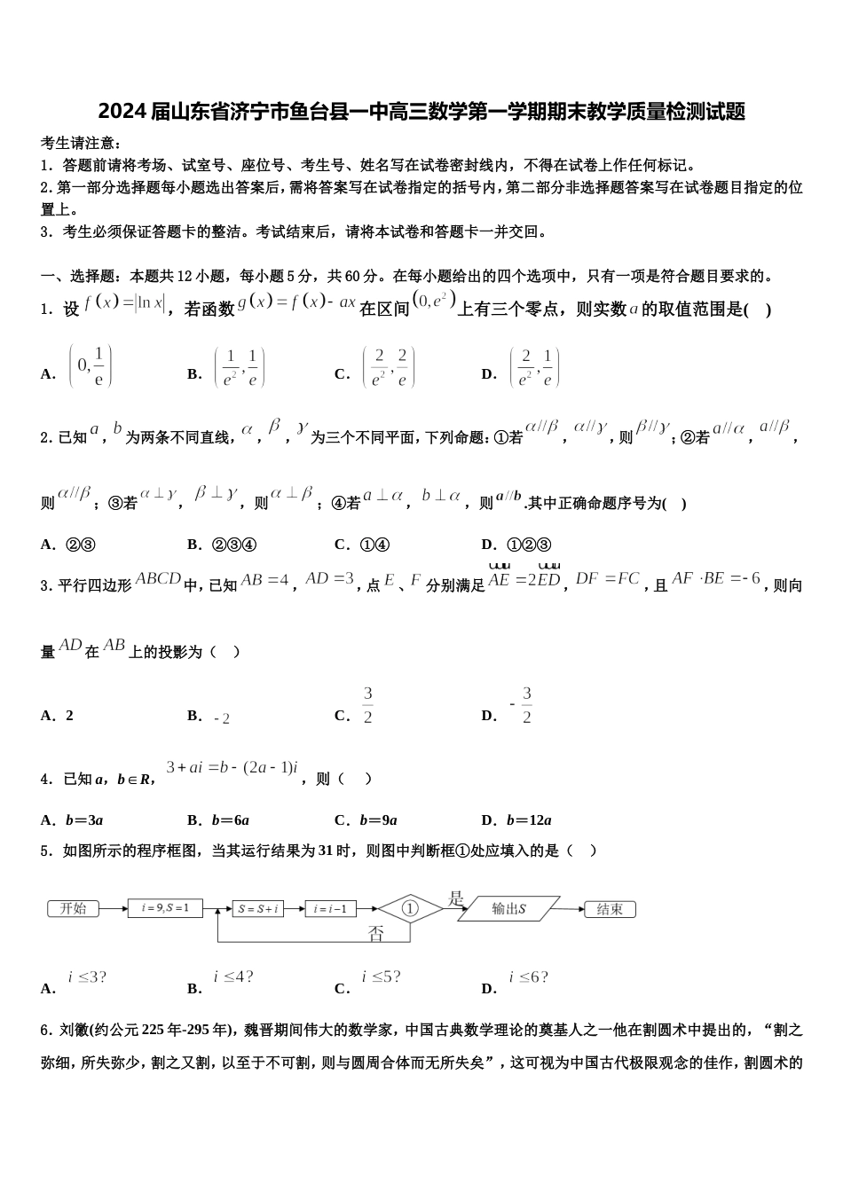 2024届山东省济宁市鱼台县一中高三数学第一学期期末教学质量检测试题含解析_第1页