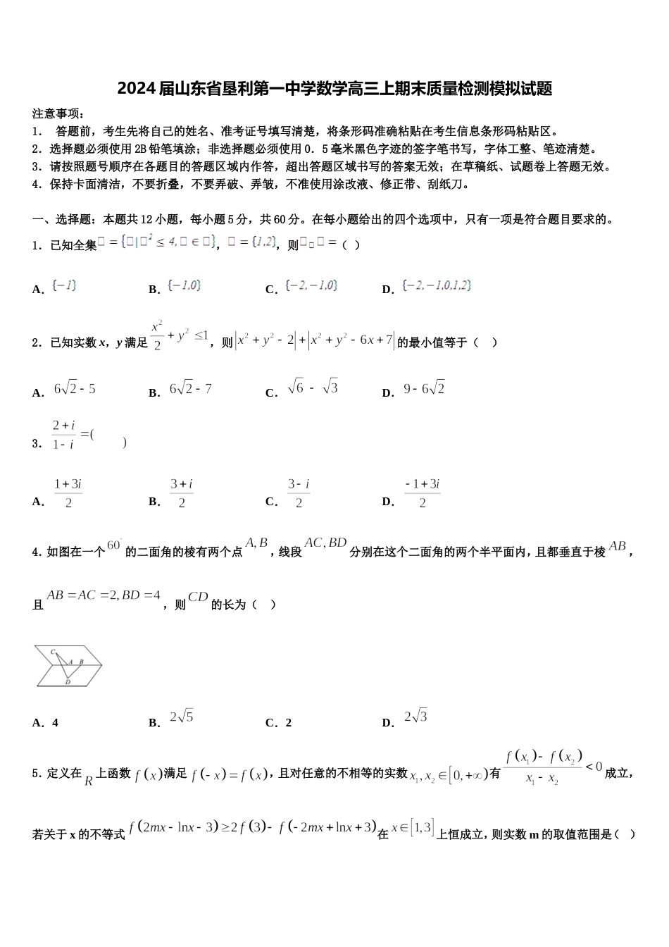 2024届山东省垦利第一中学数学高三上期末质量检测模拟试题含解析_第1页