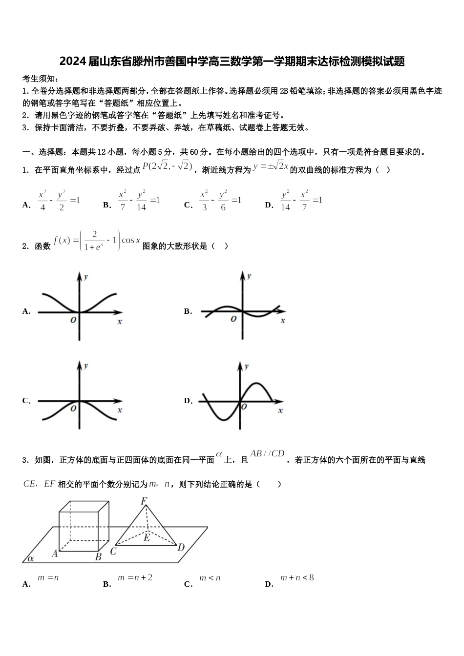 2024届山东省滕州市善国中学高三数学第一学期期末达标检测模拟试题含解析_第1页