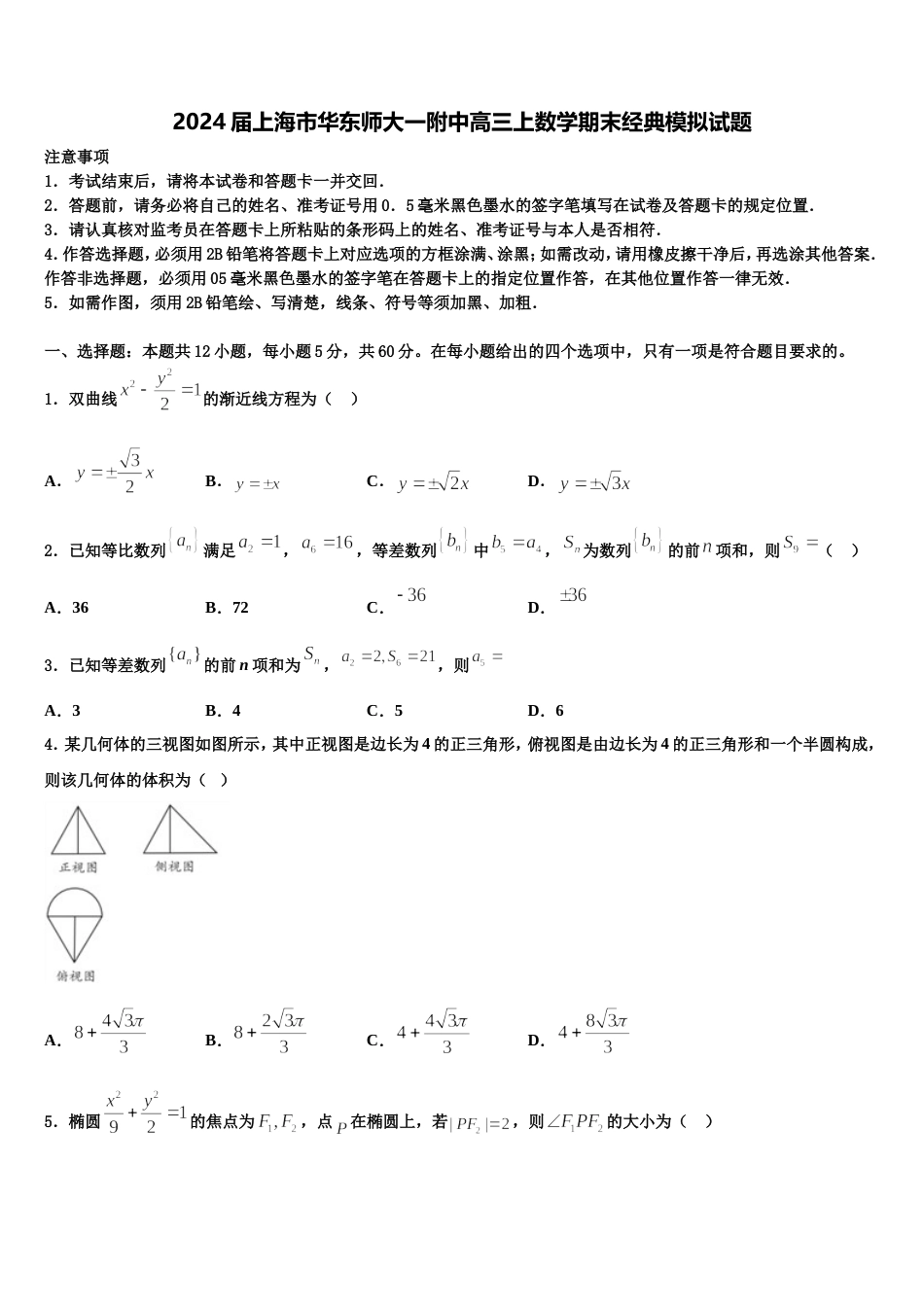 2024届上海市华东师大一附中高三上数学期末经典模拟试题含解析_第1页