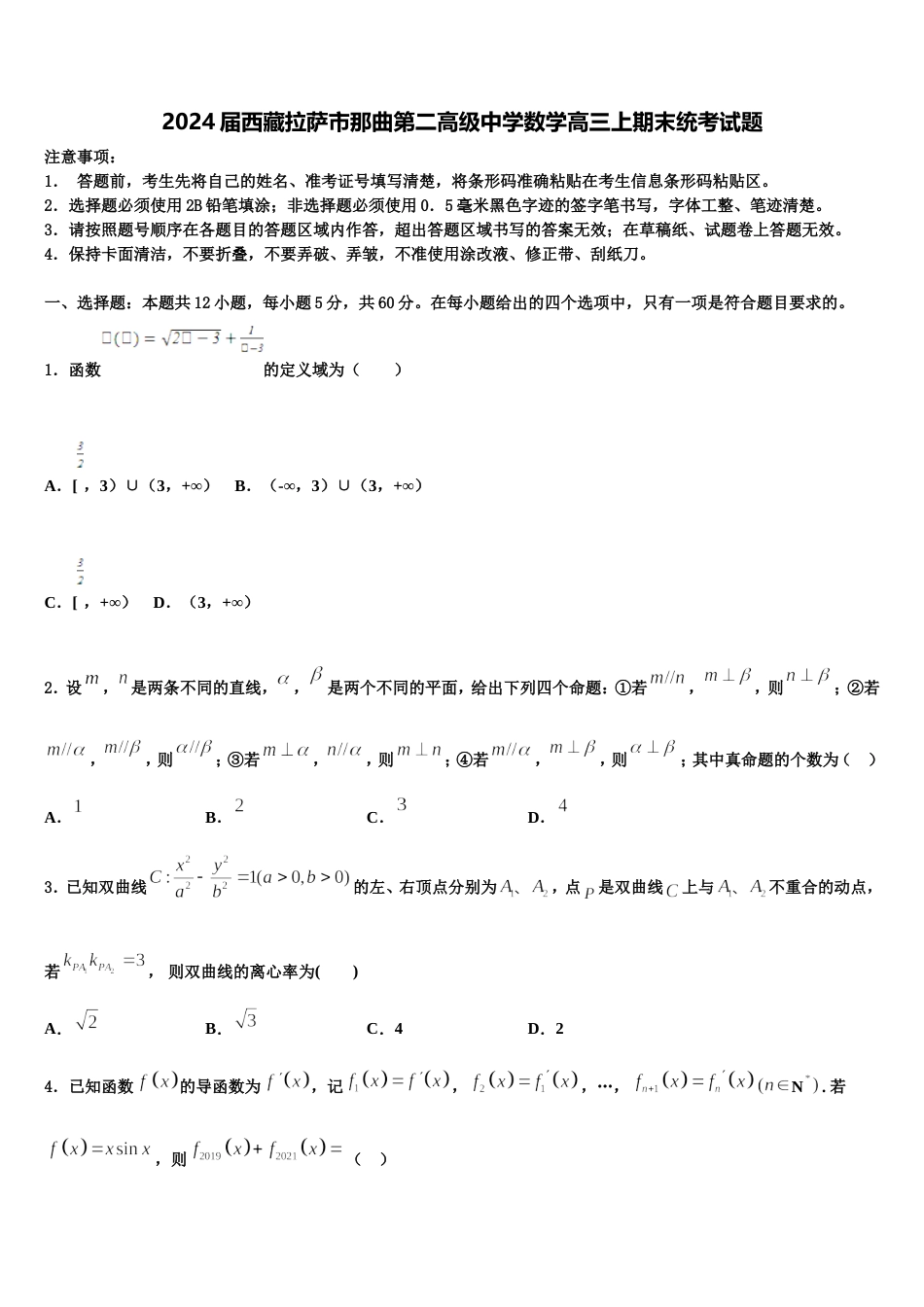 2024届西藏拉萨市那曲第二高级中学数学高三上期末统考试题含解析_第1页