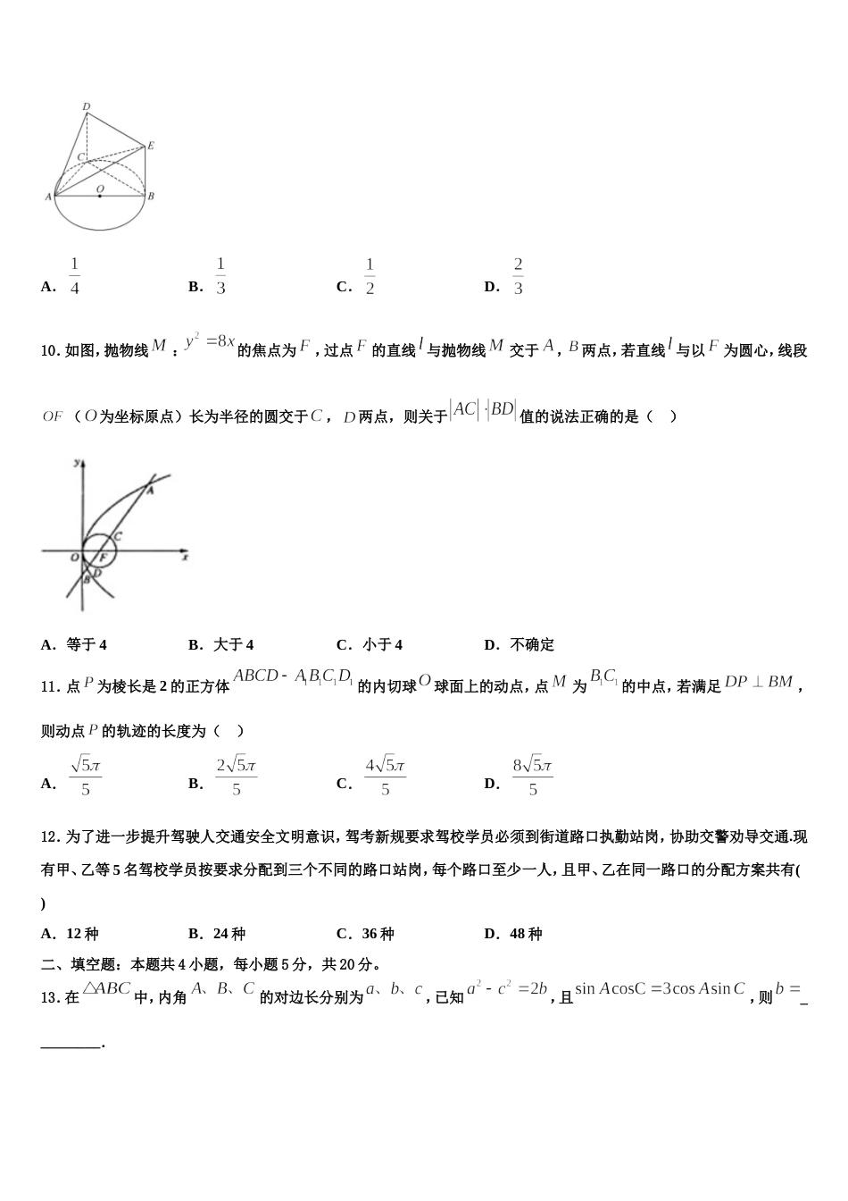 2024届云南省玉溪市元江民族中学数学高三上期末学业质量监测模拟试题含解析_第3页