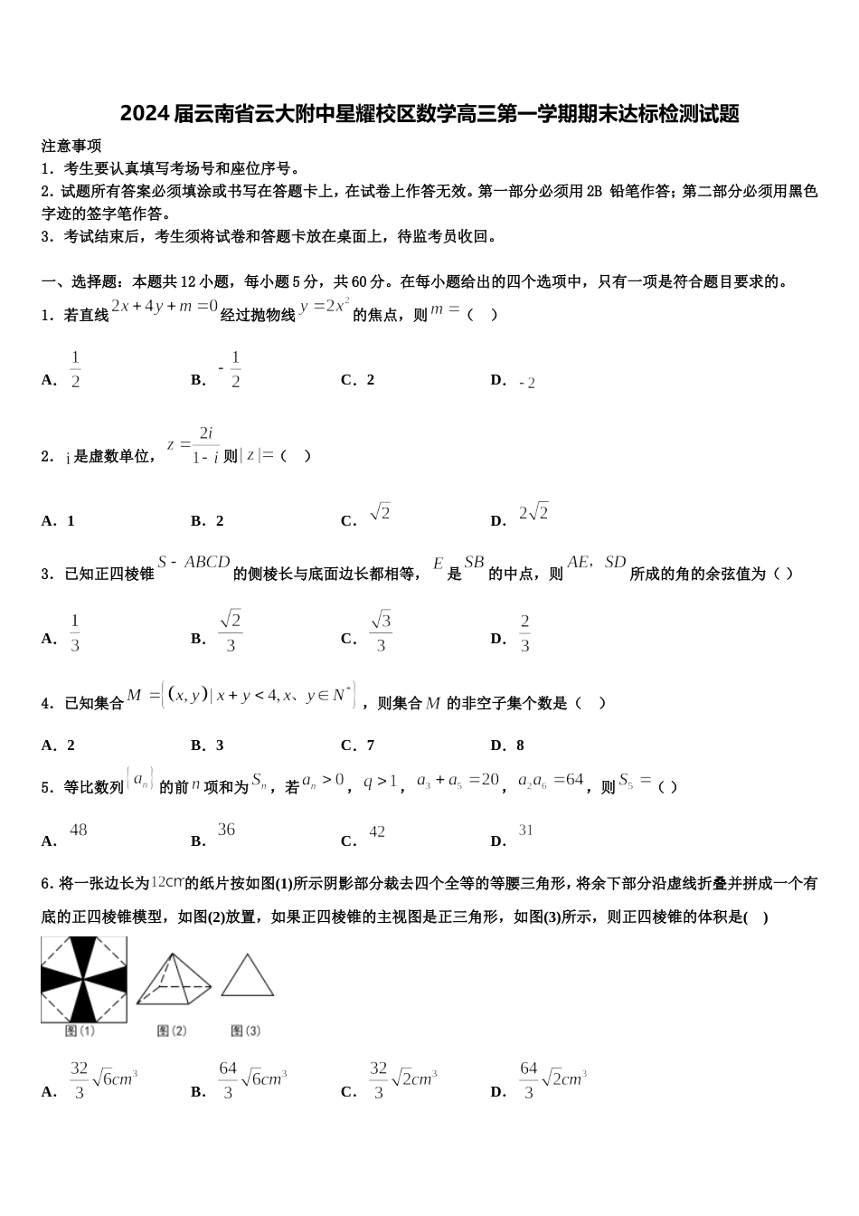 2024届云南省云大附中星耀校区数学高三第一学期期末达标检测试题含解析_第1页