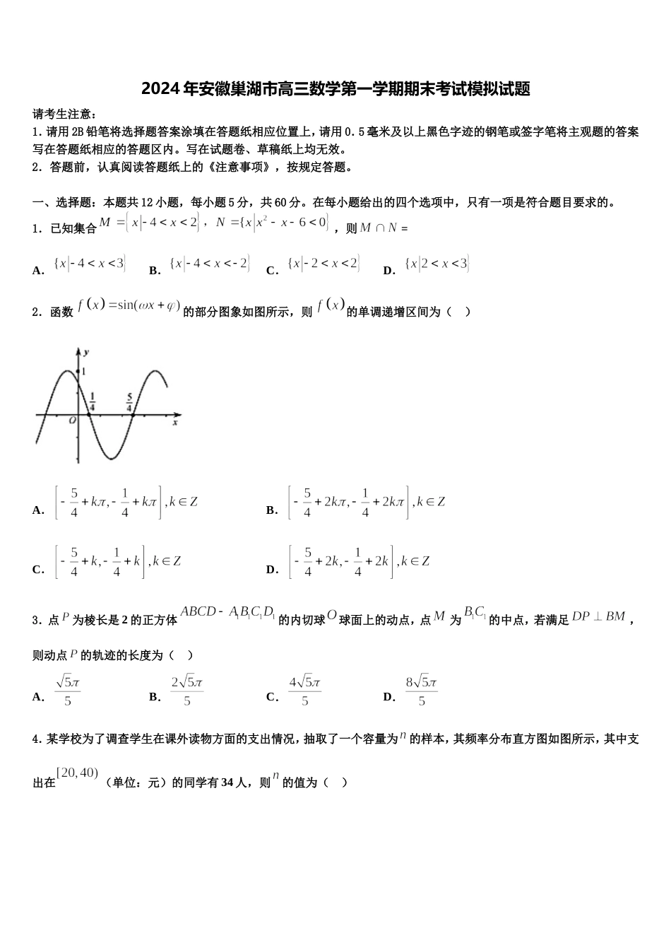 2024年安徽巢湖市高三数学第一学期期末考试模拟试题含解析_第1页