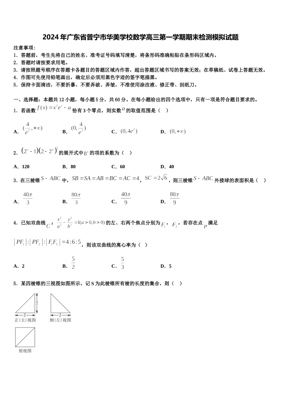 2024年广东省普宁市华美学校数学高三第一学期期末检测模拟试题含解析_第1页