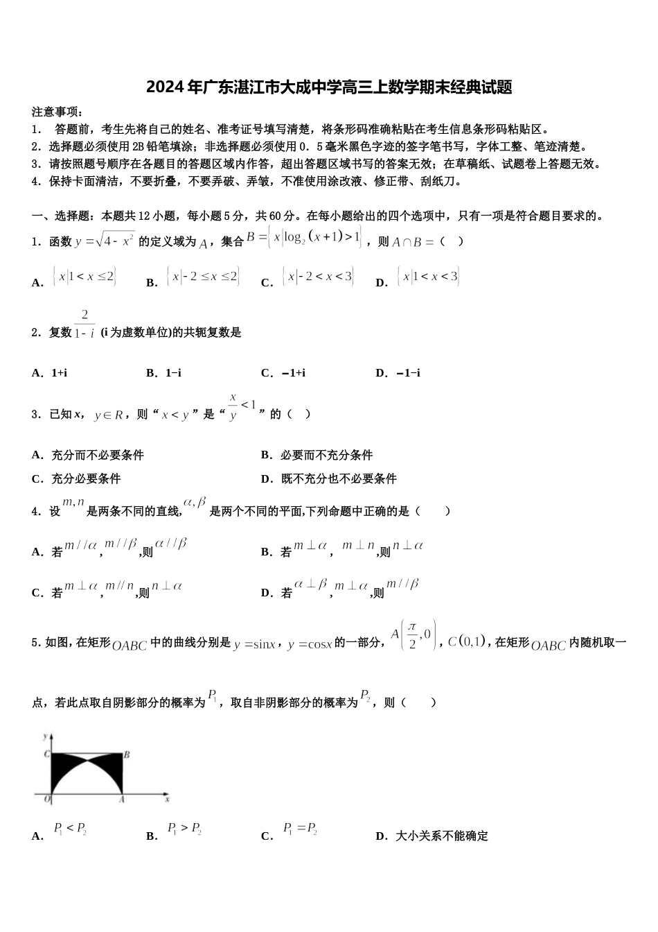 2024年广东湛江市大成中学高三上数学期末经典试题含解析_第1页