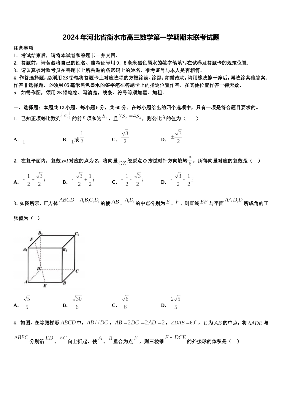 2024年河北省衡水市高三数学第一学期期末联考试题含解析_第1页