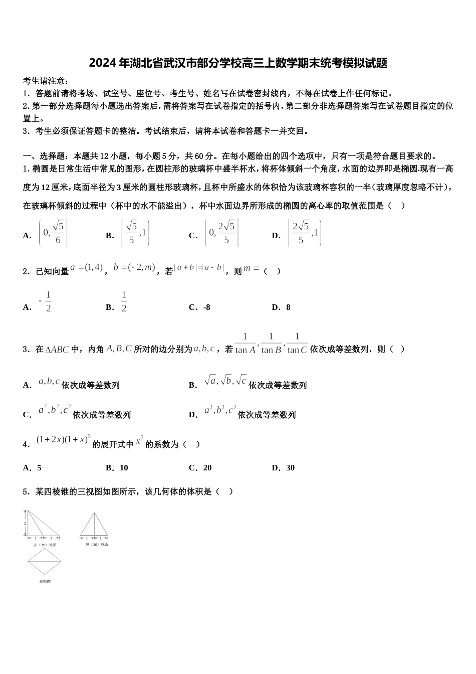 2024年湖北省武汉市部分学校高三上数学期末统考模拟试题含解析_第1页