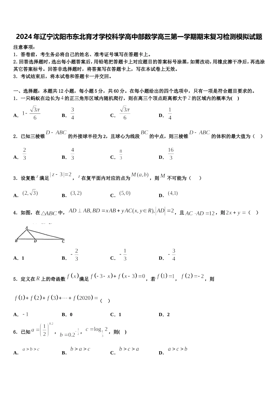 2024年辽宁沈阳市东北育才学校科学高中部数学高三第一学期期末复习检测模拟试题含解析_第1页