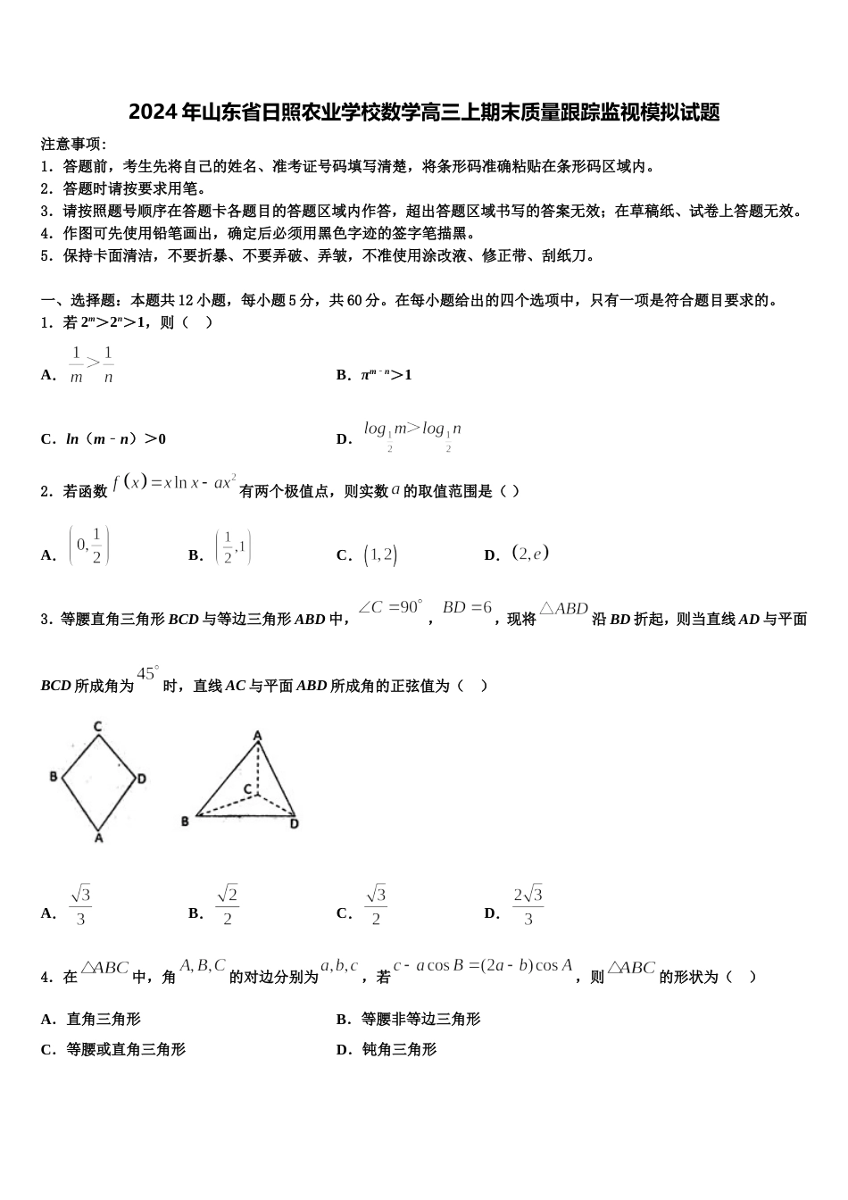 2024年山东省日照农业学校数学高三上期末质量跟踪监视模拟试题含解析_第1页