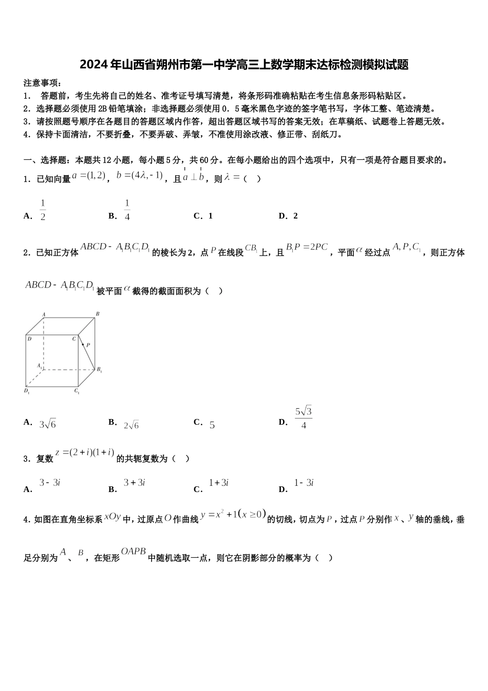 2024年山西省朔州市第一中学高三上数学期末达标检测模拟试题含解析_第1页