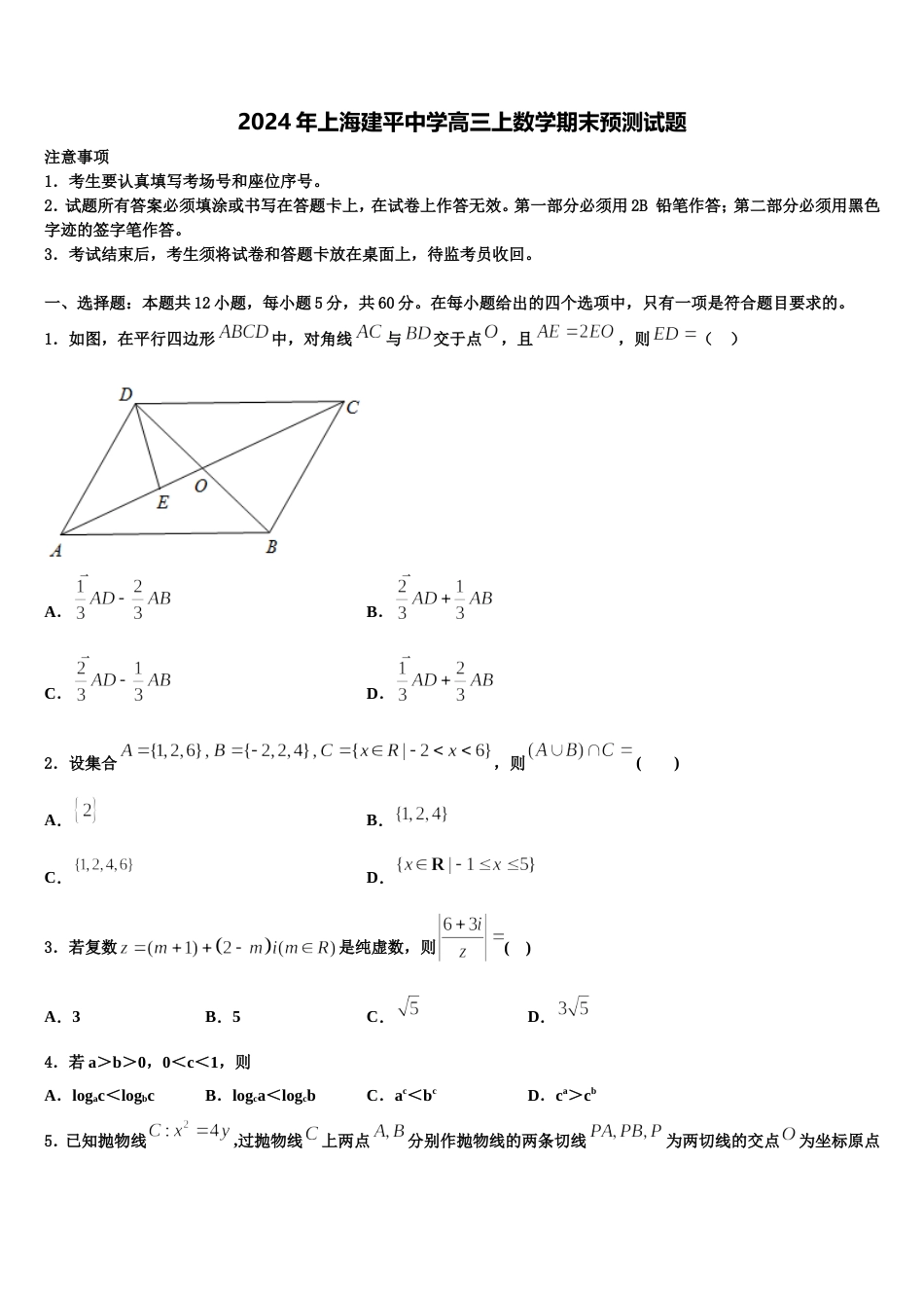 2024年上海建平中学高三上数学期末预测试题含解析_第1页