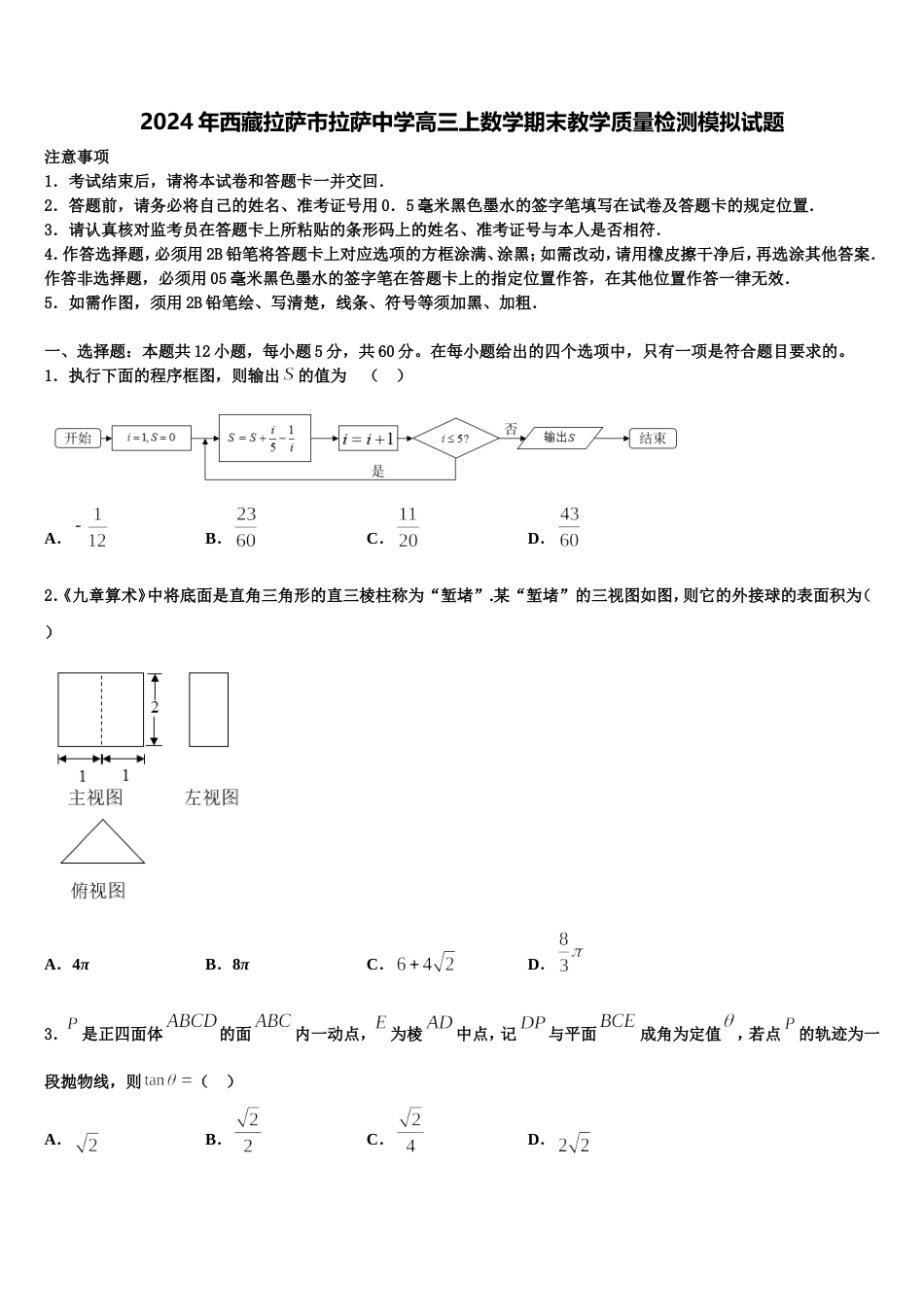 2024年西藏拉萨市拉萨中学高三上数学期末教学质量检测模拟试题含解析_第1页