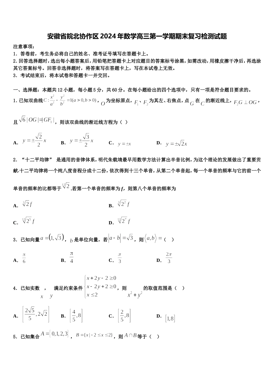 安徽省皖北协作区2024年数学高三第一学期期末复习检测试题含解析_第1页