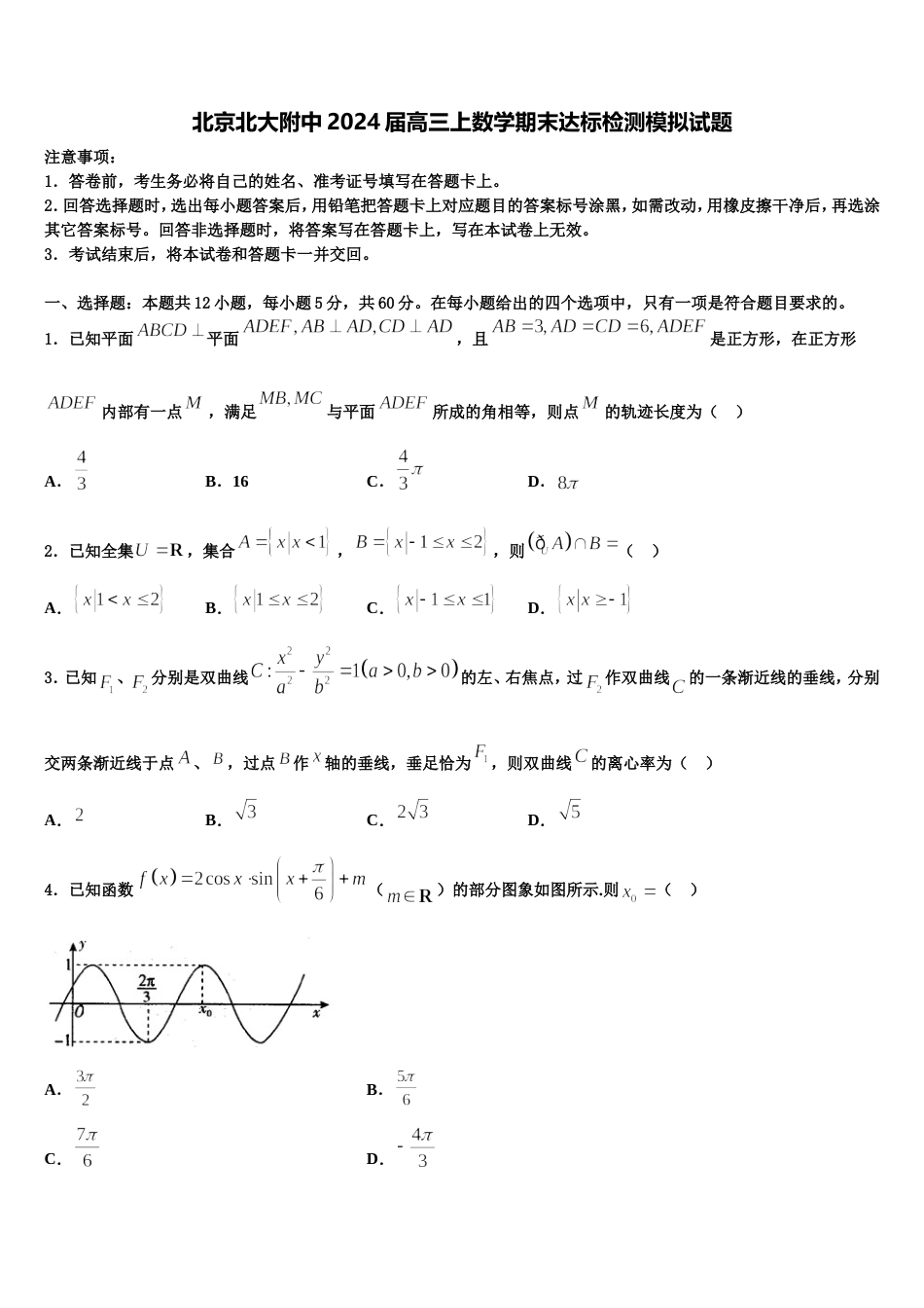 北京北大附中2024届高三上数学期末达标检测模拟试题含解析_第1页