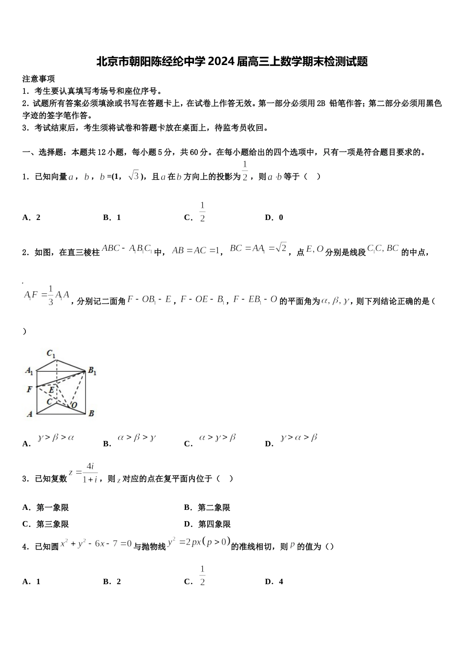 北京市朝阳陈经纶中学2024届高三上数学期末检测试题含解析_第1页