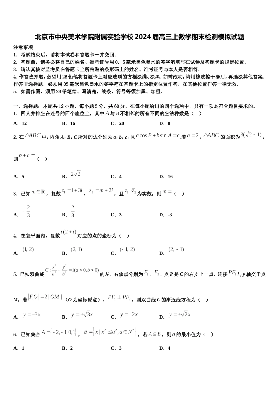 北京市中央美术学院附属实验学校2024届高三上数学期末检测模拟试题含解析_第1页