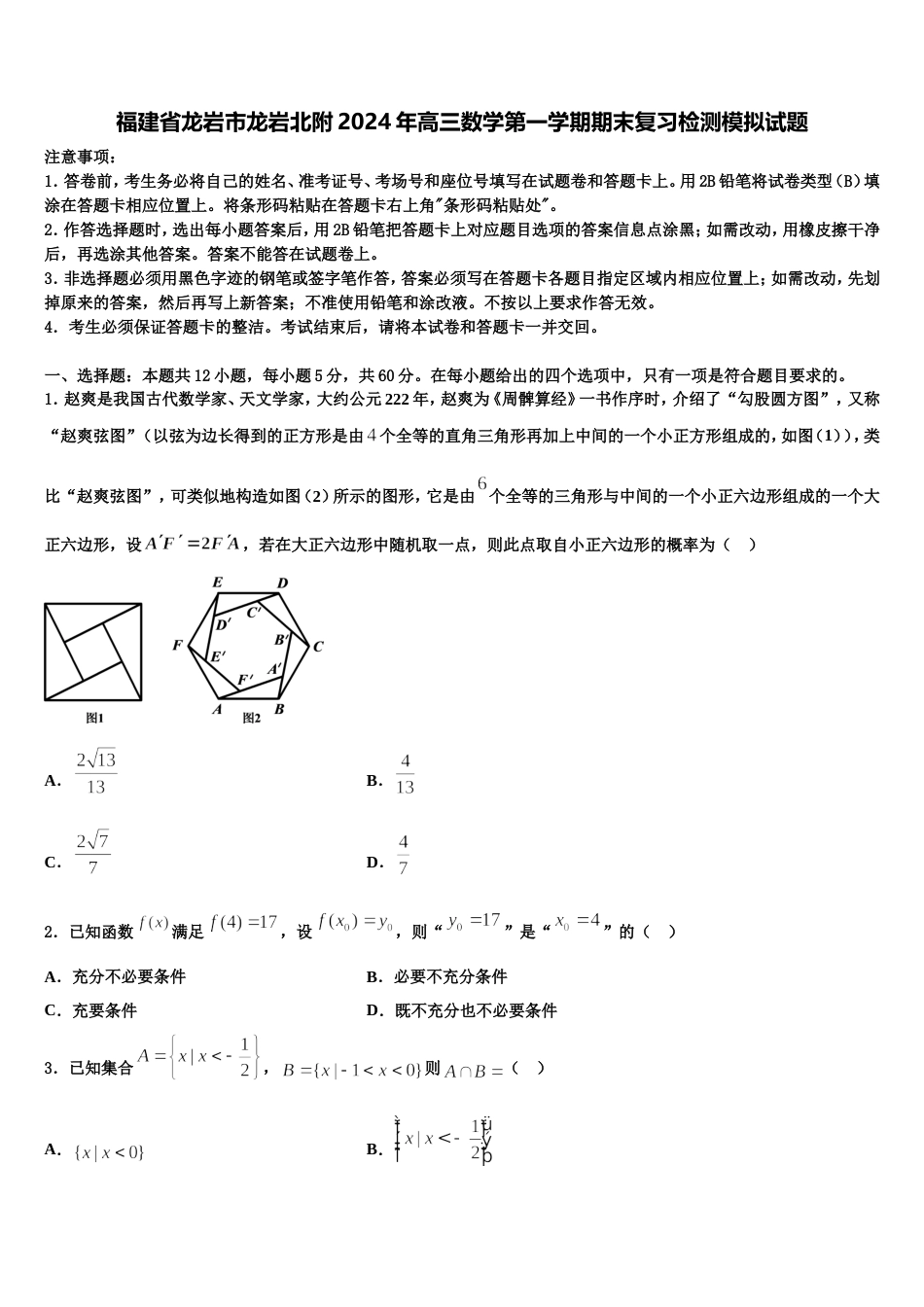 福建省龙岩市龙岩北附2024年高三数学第一学期期末复习检测模拟试题含解析_第1页