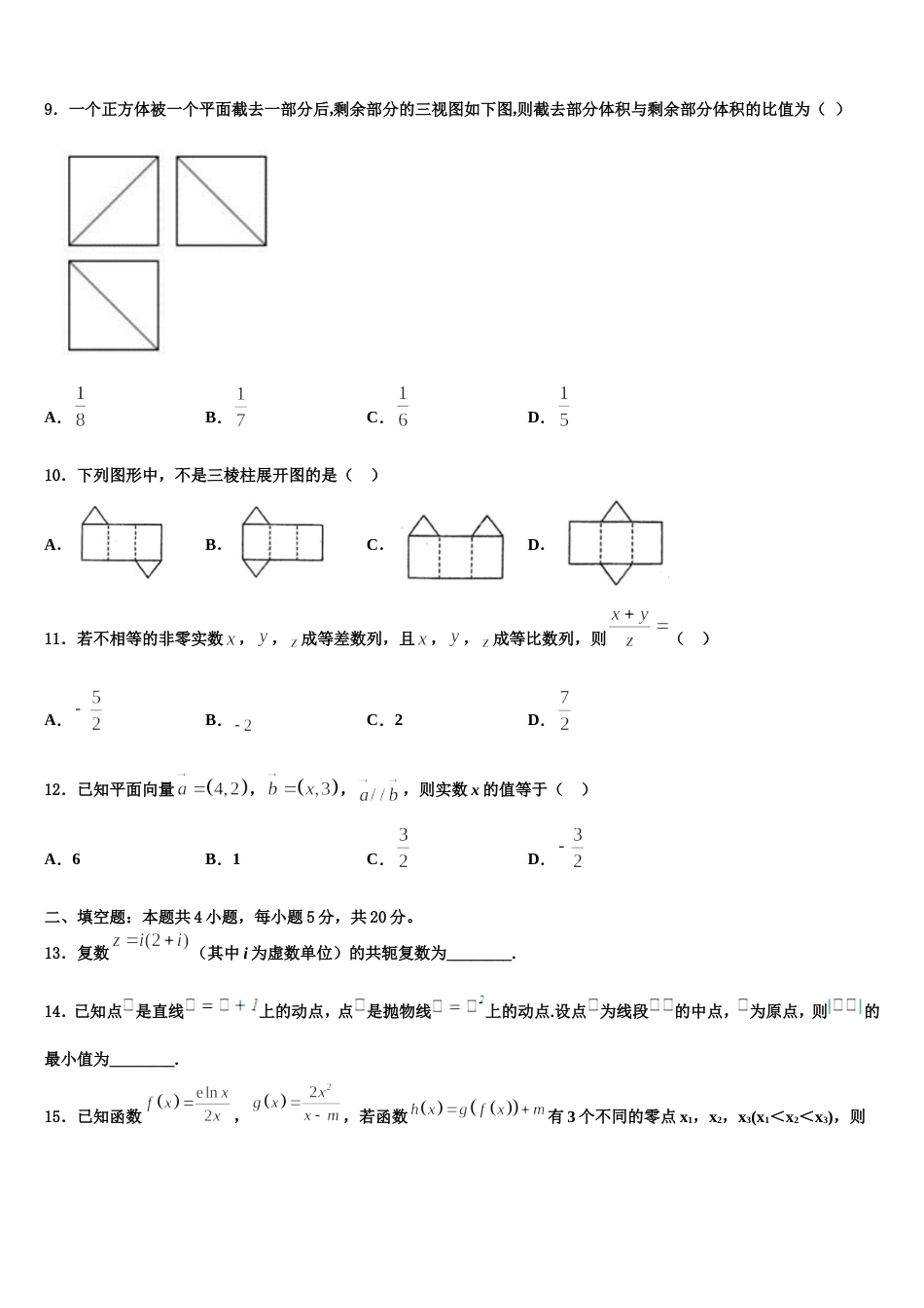 福建省平和县第一中学2024届数学高三上期末检测试题含解析_第3页