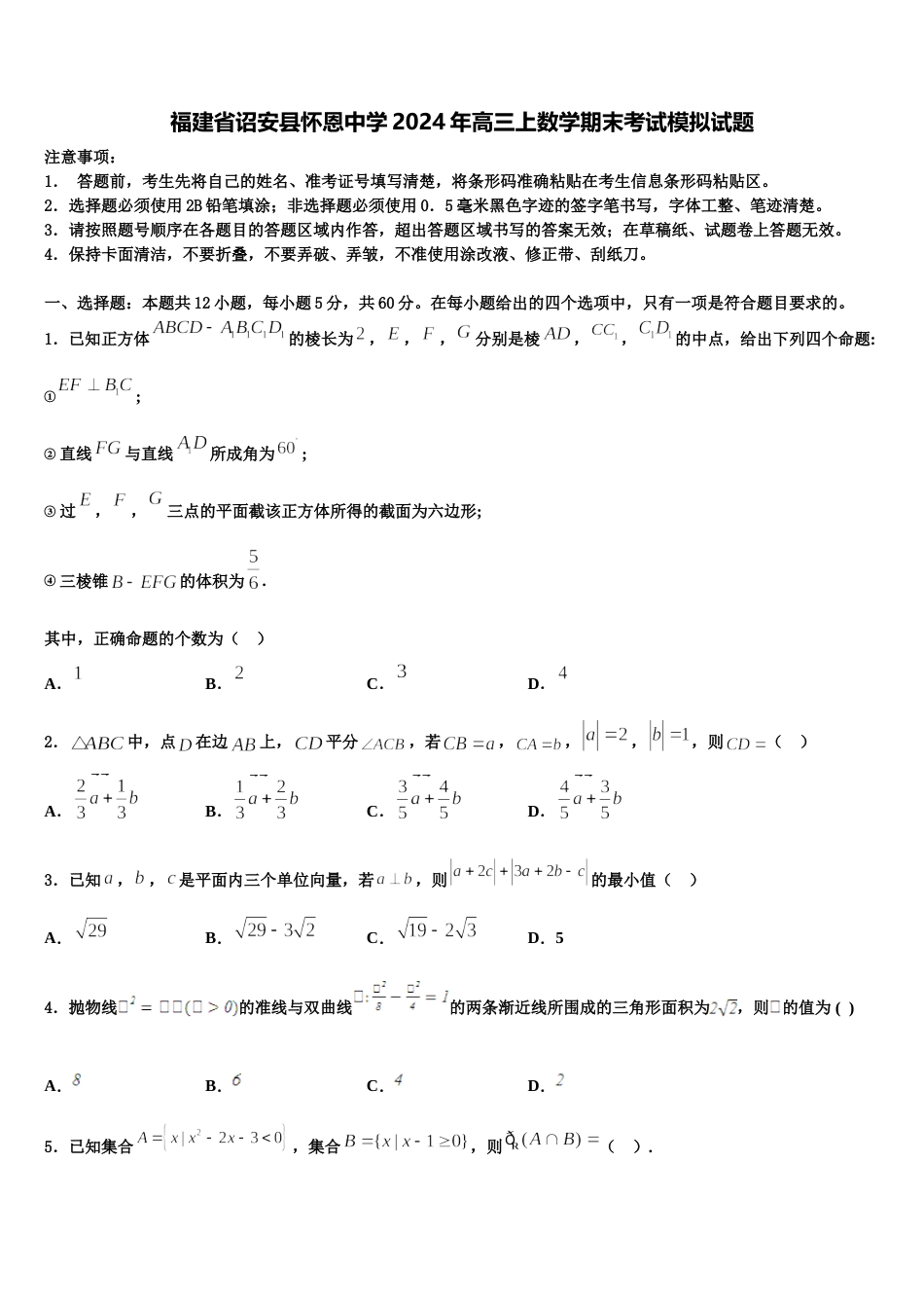 福建省诏安县怀恩中学2024年高三上数学期末考试模拟试题含解析_第1页