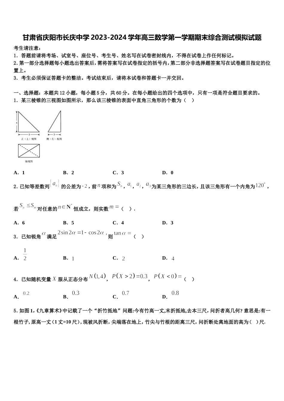 甘肃省庆阳市长庆中学2023-2024学年高三数学第一学期期末综合测试模拟试题含解析_第1页