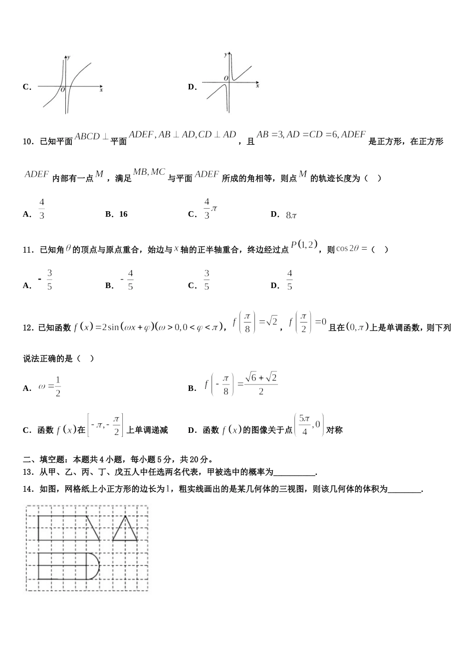 甘肃省武威市第一中学2024年高三上数学期末达标测试试题含解析_第3页