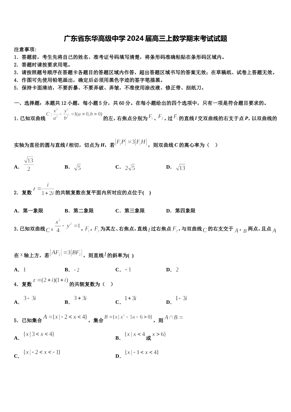 广东省东华高级中学2024届高三上数学期末考试试题含解析_第1页
