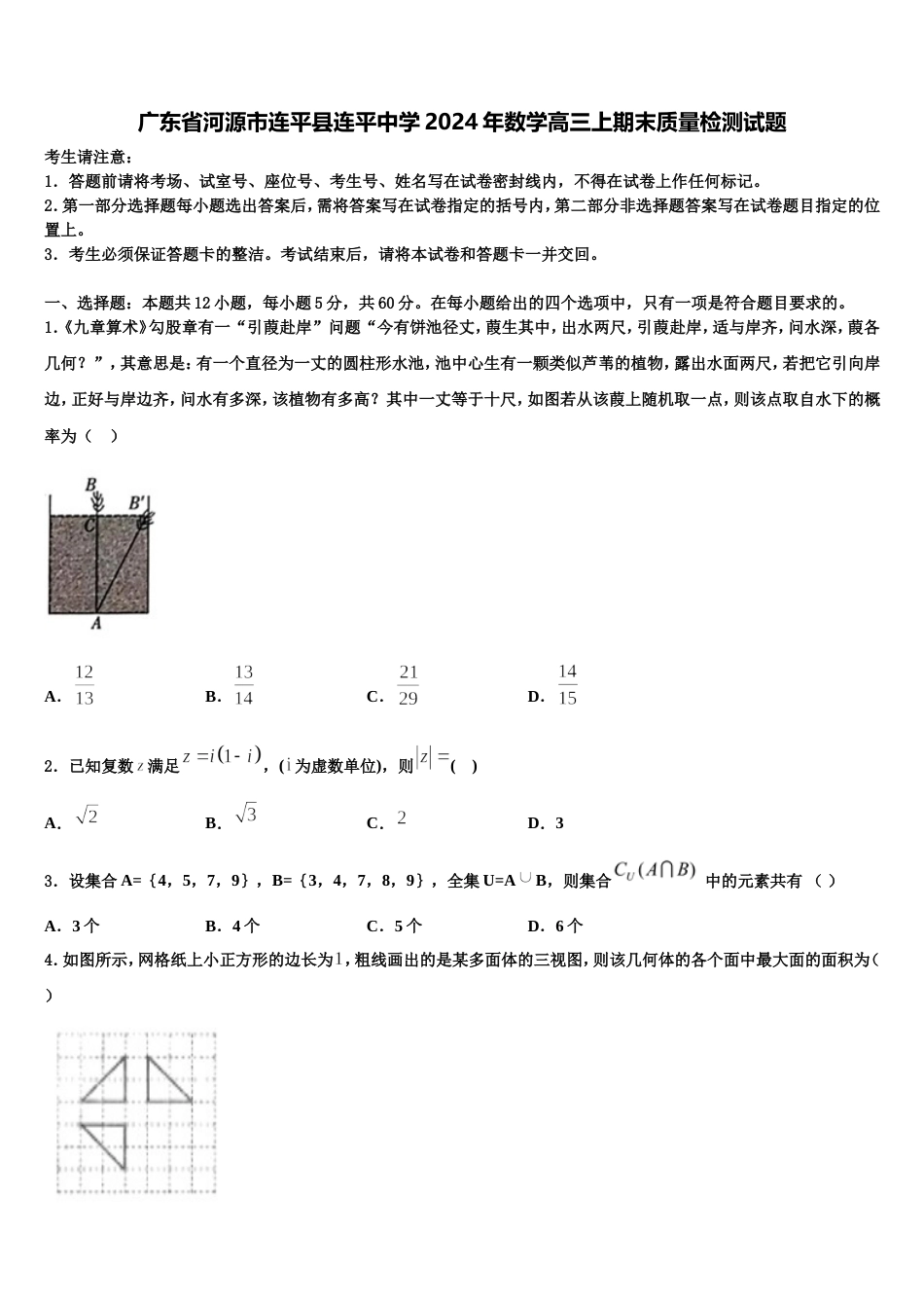 广东省河源市连平县连平中学2024年数学高三上期末质量检测试题含解析_第1页