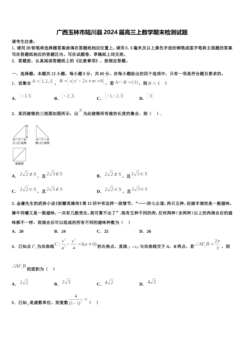 广西玉林市陆川县2024届高三上数学期末检测试题含解析_第1页