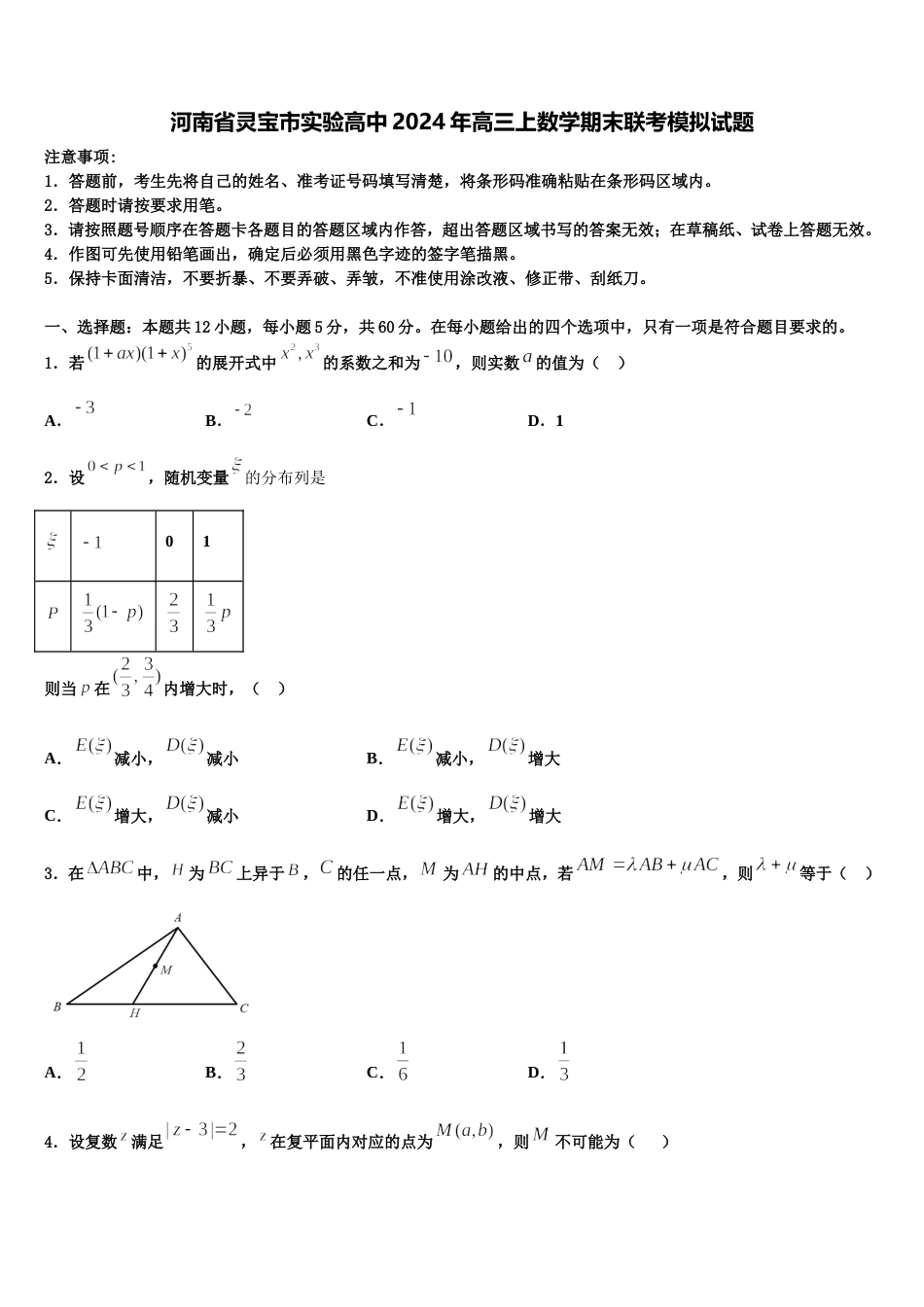 河南省灵宝市实验高中2024年高三上数学期末联考模拟试题含解析_第1页