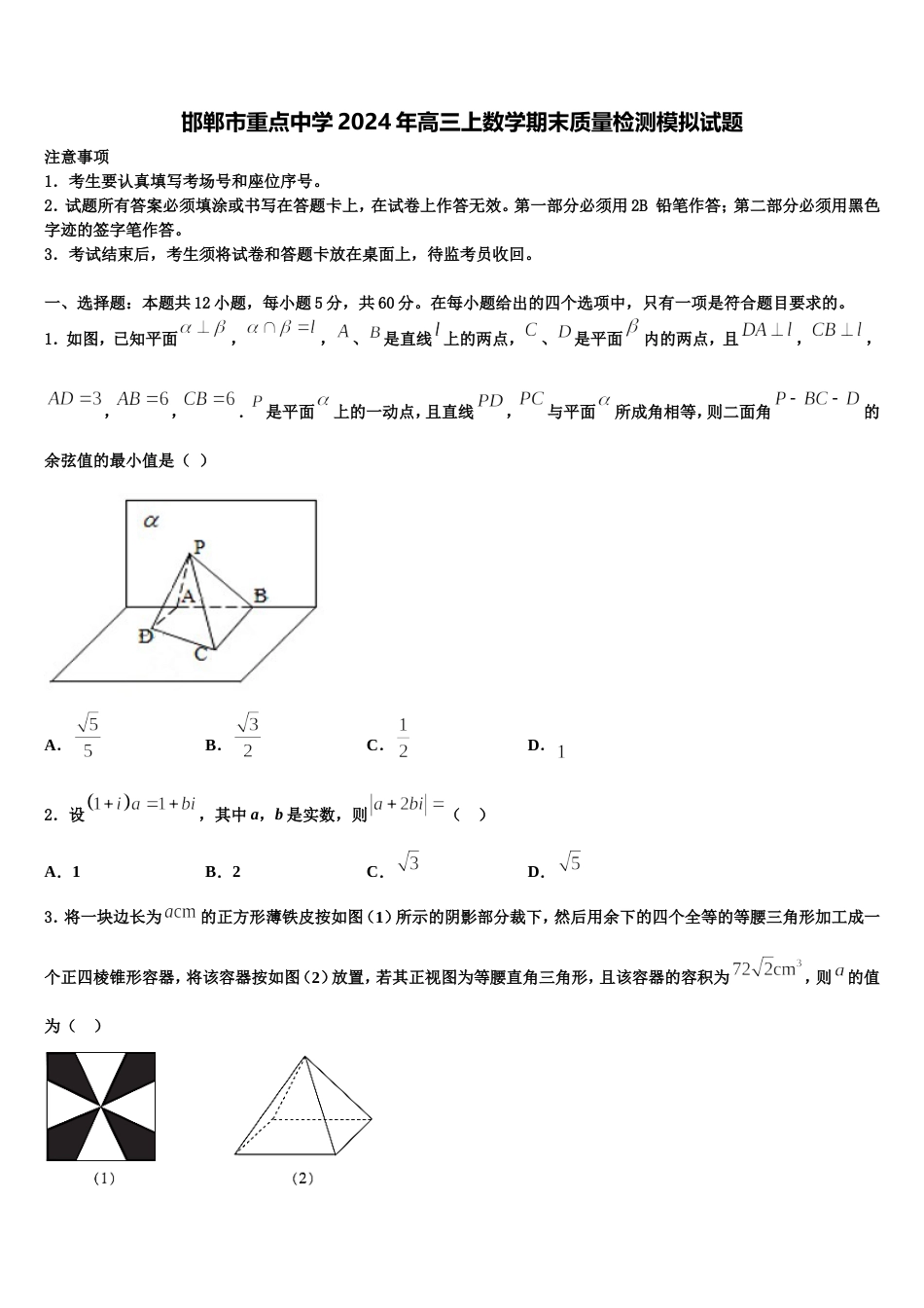 邯郸市重点中学2024年高三上数学期末质量检测模拟试题含解析_第1页