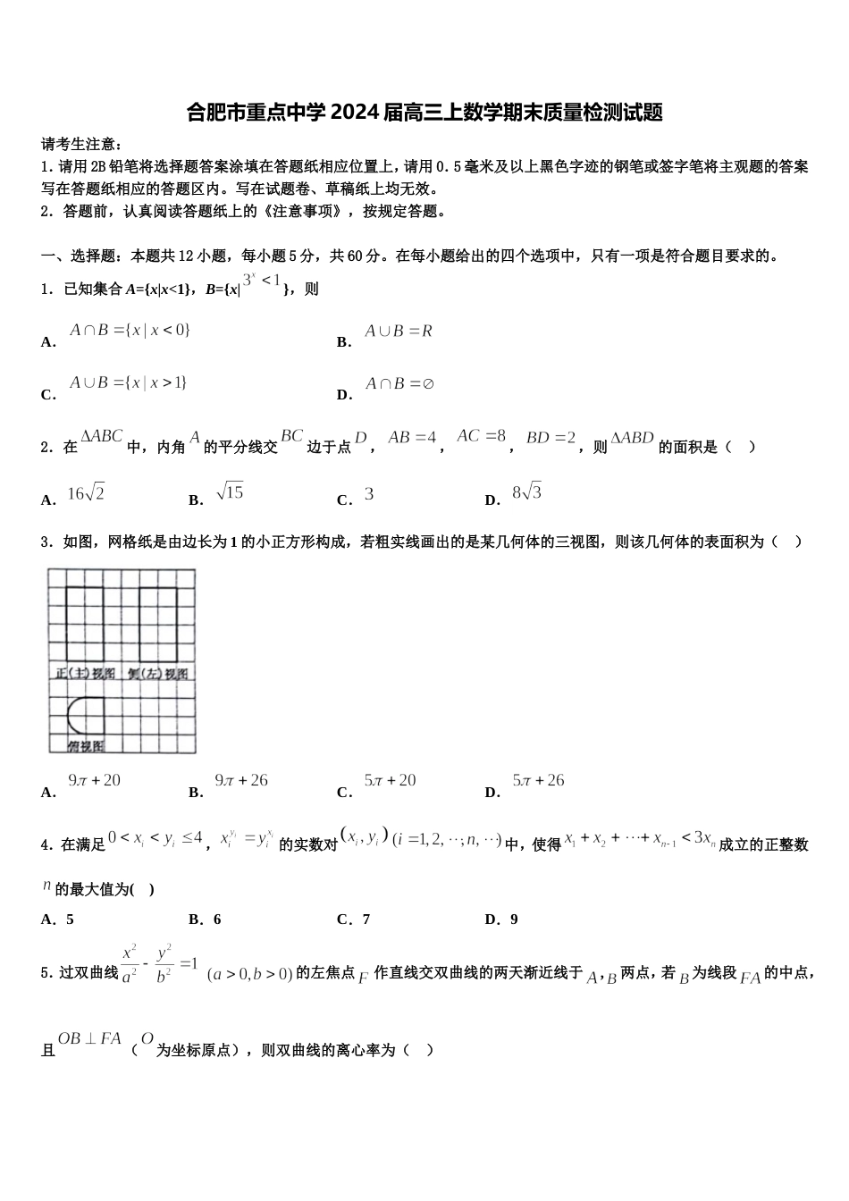 合肥市重点中学2024届高三上数学期末质量检测试题含解析_第1页