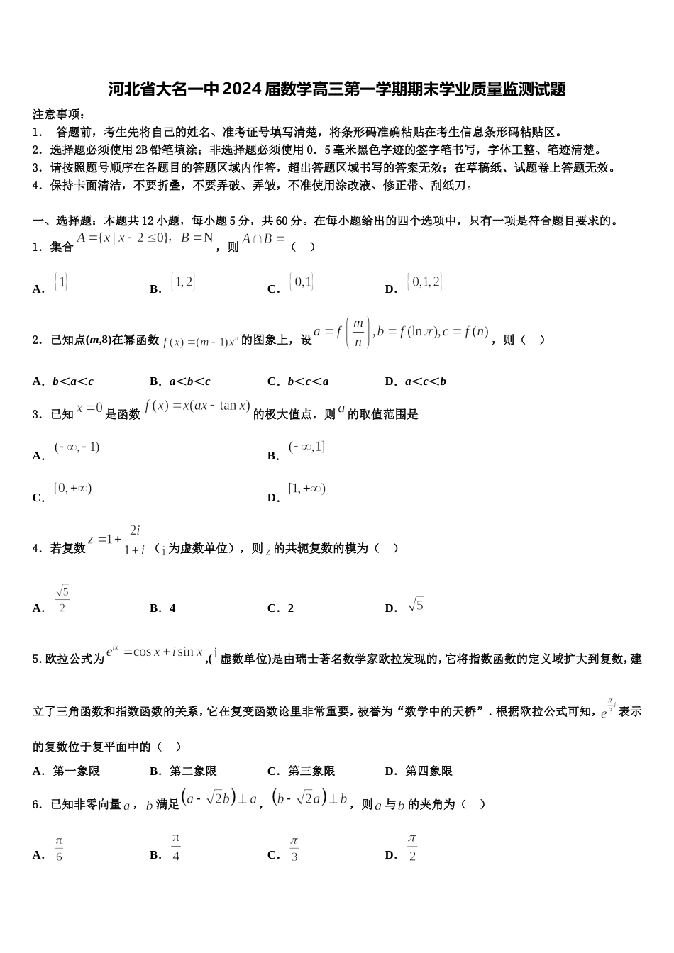 河北省大名一中2024届数学高三第一学期期末学业质量监测试题含解析_第1页